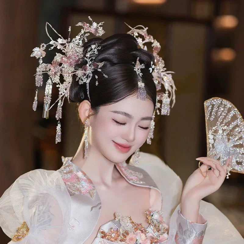 Silver pink crystal hairpin set chinese bridal headpiece for hanfu and qipao wedding ceremony back view