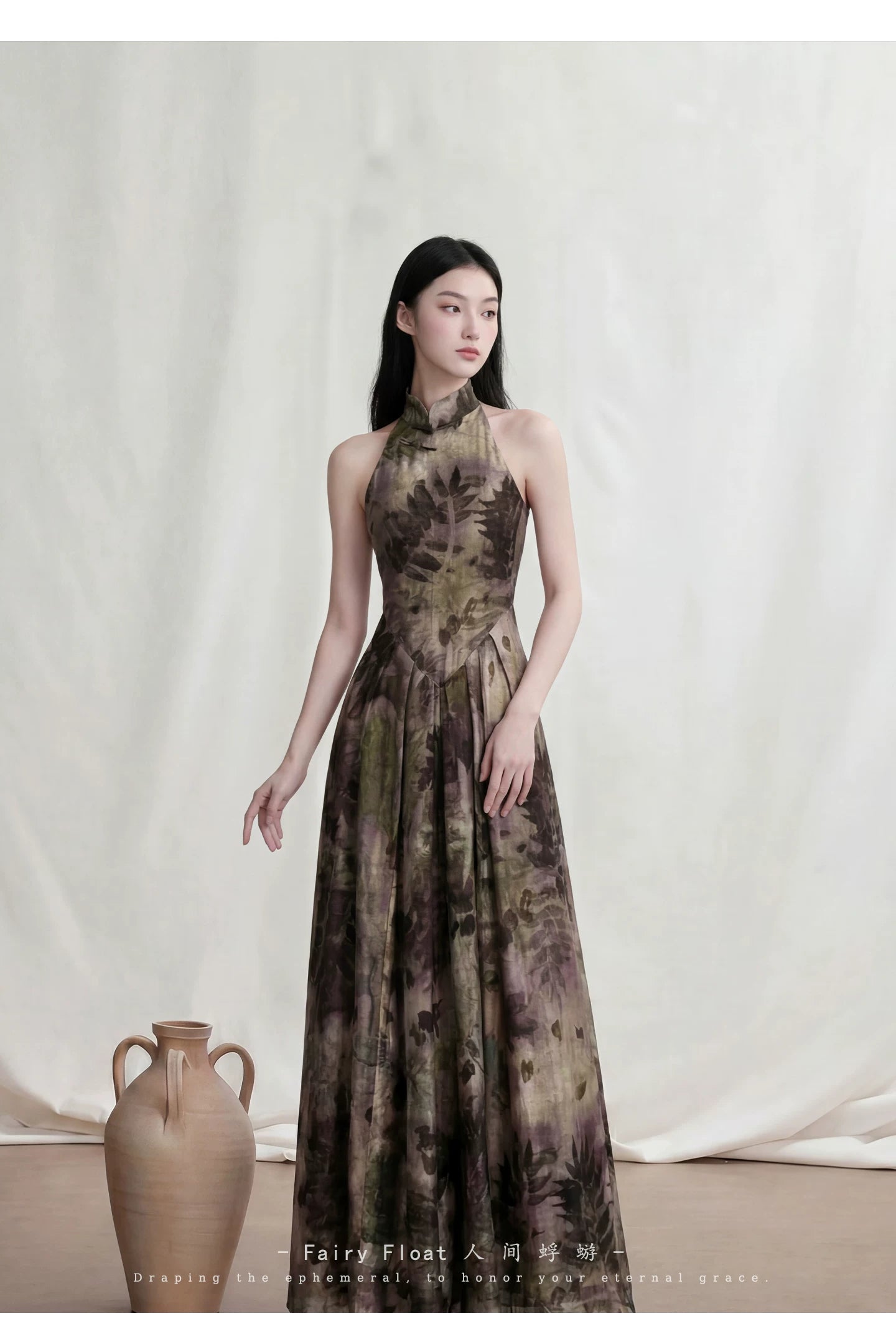  Sleeveless french retro cheongsam sumeru improved plant tie dye qipao dress