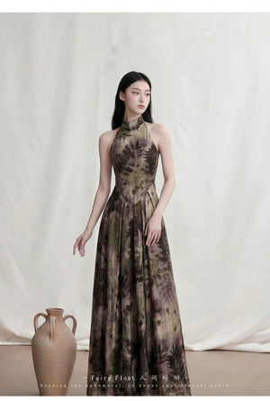  Sleeveless french retro cheongsam sumeru improved plant tie dye qipao dress