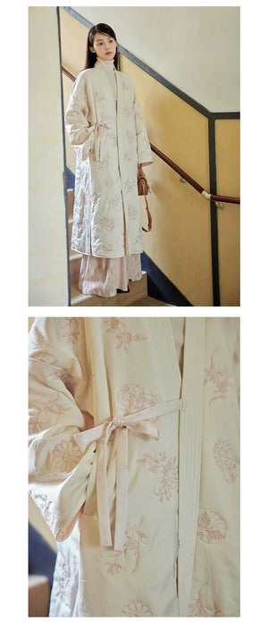 Snowseeker elegant winter hanfu set tang long robe with song style pants new chinese outfit for women fabric detail