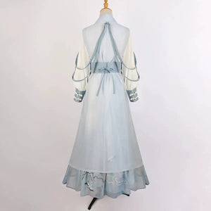 Blue hanfu dress for women, blending traditional Song Dynasty and modern Chinese styles, crafted from luxurious silk. This versatile hanfu includes options for a matching coat or jacket, making it suitable for winter wear, Chinese New Year celebrations, or casual outings. Ideal for occasions like graduations or cosplay, this dress embodies the fairy-inspired elegance of classic hanfu while also drawing from martial arts clothing and contemporary Chinese fashion. Available for purchase in our online hanfu sh