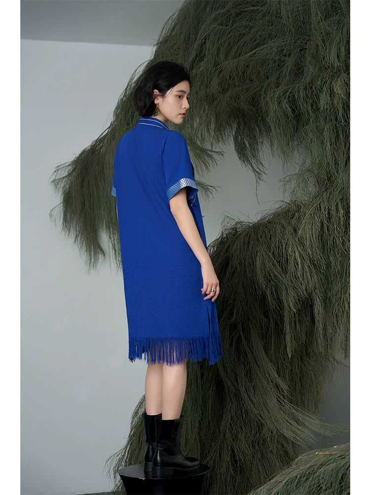 Songfeng blue short sleeve improved tibetan style fringed long dress summer daily