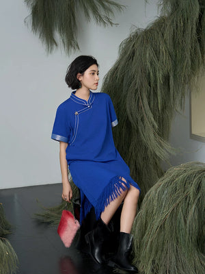 Songfeng improved tibetan style fringed long dress blue short sleeve summer flowy