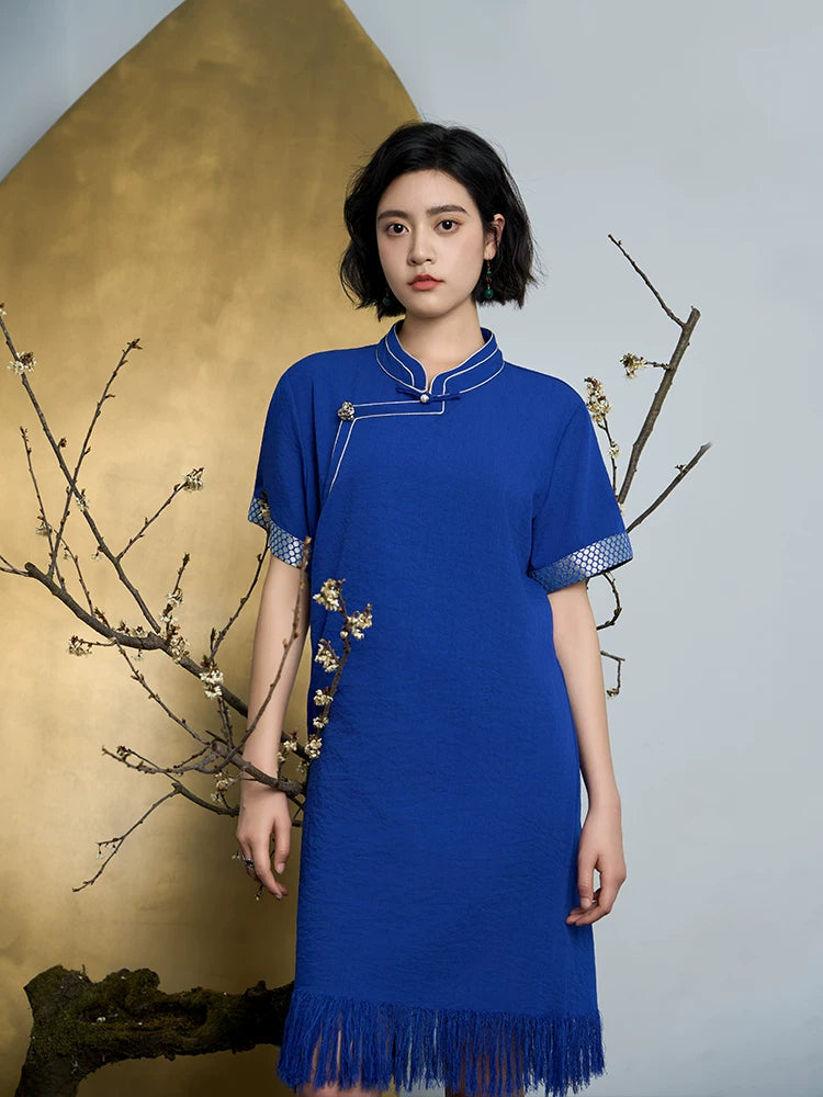 Songfeng tibetan style fringed long dress improved blue short sleeve casual summer wear