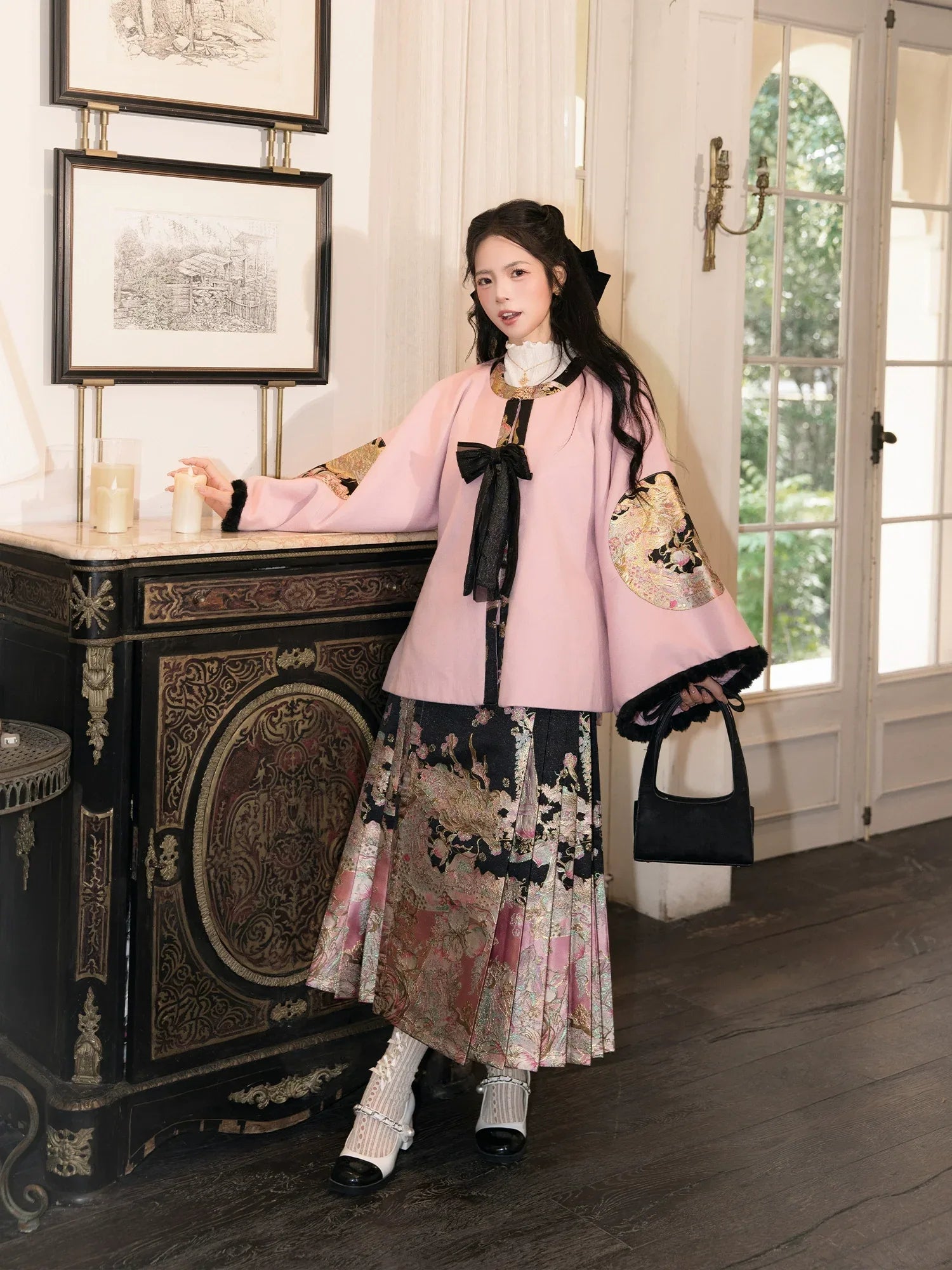 Image 3:Spring mountain dragon brocade ma mian hanfu set new chinese style with embroidered cape and floral gold weave for women back v