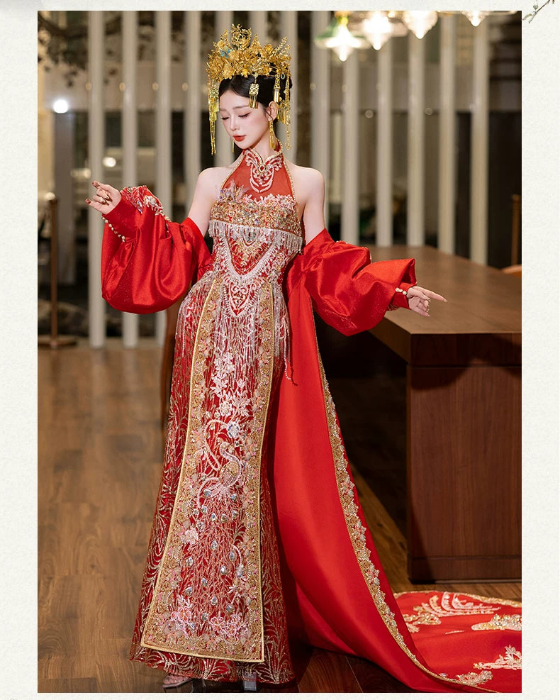 Stunning red east west gown body hugging mermaid tail and traditional chinese mandarin collar full length view