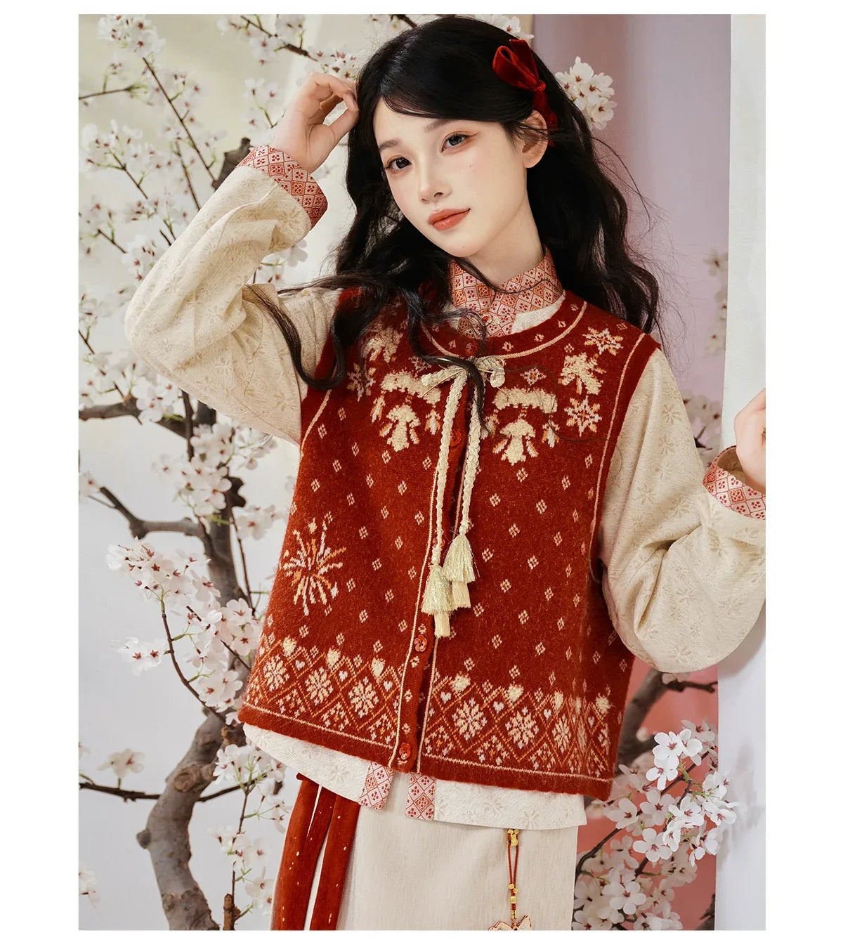  Suian winter flowy skirt set knit bijia vest and bow sleeve top hanfu inspired for women fabric detail