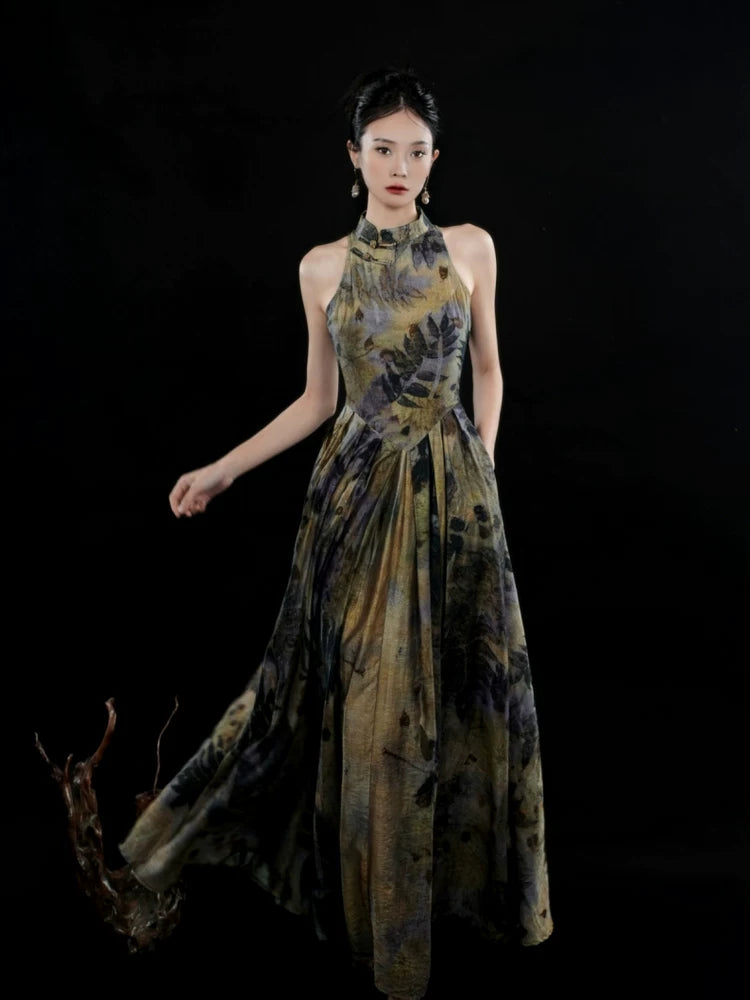  Sumeru improved cheongsam plant tie dye sleeveless french retro qipao dress
