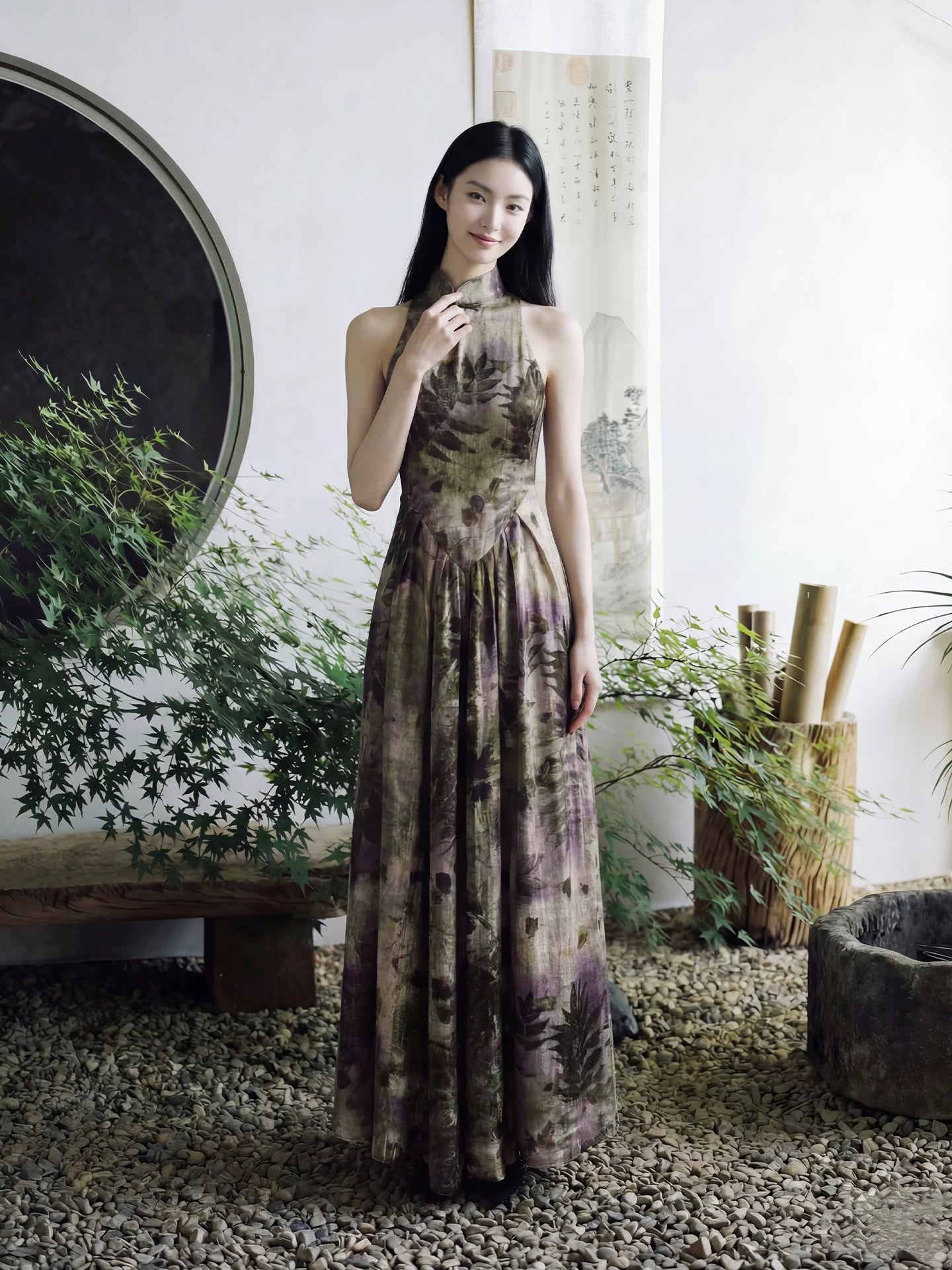 Sumeru sleeveless cheongsam plant tie dye improved french retro qipao dress