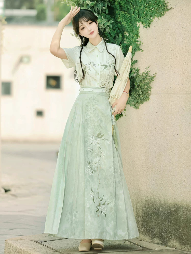 Summer horse face skirt set green embroidered short sleeve hanfu

