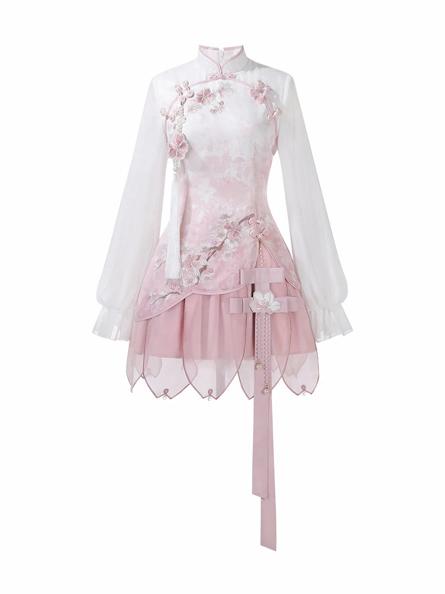 Sweet chinese style pink lolita cheongsam ruffle puff sleeve qipao mini dress for women ruffle detail