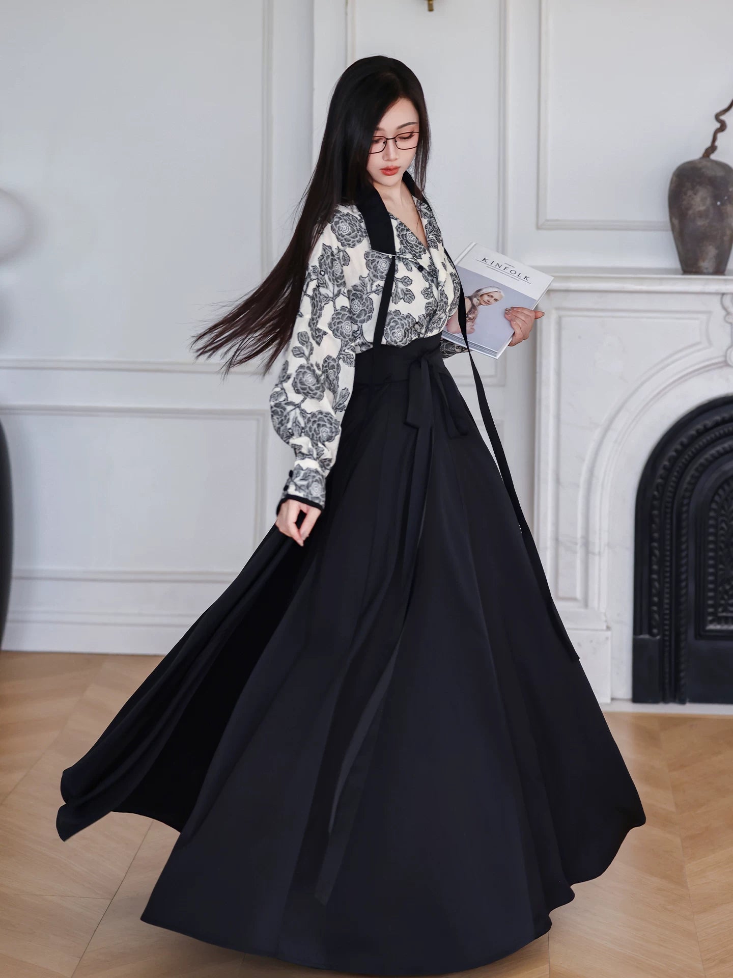  Tang inspired flower branch ink hanfu outfit cotton linen stand collar shirt with flowing black 6 meter pleated skirt standing front