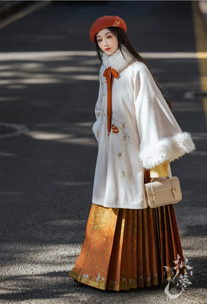 Orange modern hanfu dress for women, inspired by traditional Song Dynasty style and crafted from luxurious silk. This versatile hanfu includes a coordinating coat or jacket, making it ideal for winter wear, Chinese New Year celebrations, or casual outings. Suitable for events such as graduations and cosplay, this hanfu blends classic Chinese elegance with contemporary fashion, perfect for anyone looking for where to buy hanfu or shop authentic hanfu for sale. Available at our online hanfu shop, offering opt