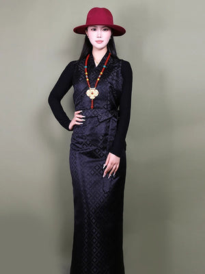 Tibetan ethnic sleeveless kangba bola dress women traditional skirt for dance performance and stage shows fabric detail