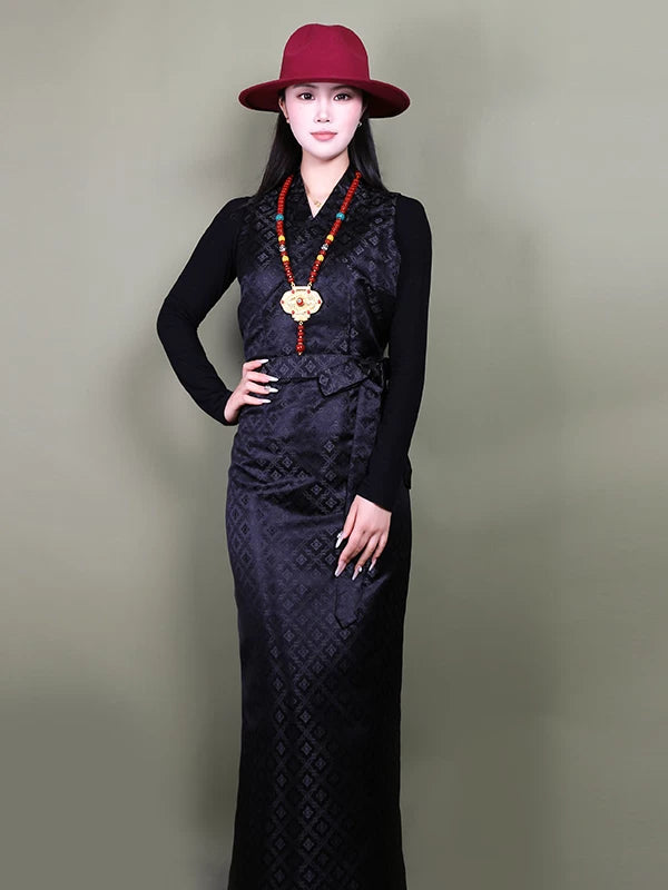 Tibetan ethnic sleeveless kangba bola dress women traditional skirt for dance performance and stage shows fabric detail