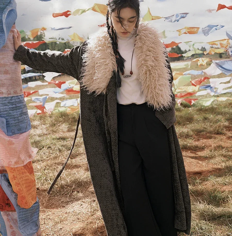 Tibetan inspired reimagined trench coat detachable fur collar for women winter and autumn back view