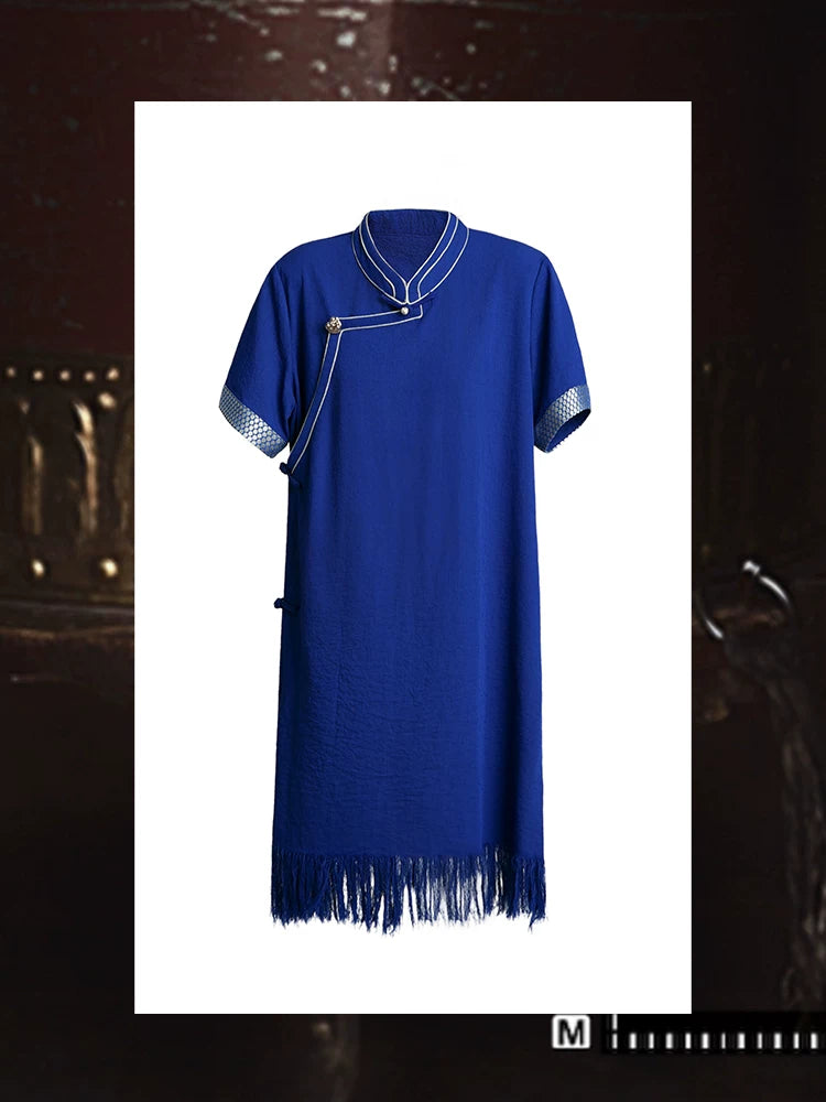 Tibetan style fringed long dress songfeng blue short sleeve improved summer outfit