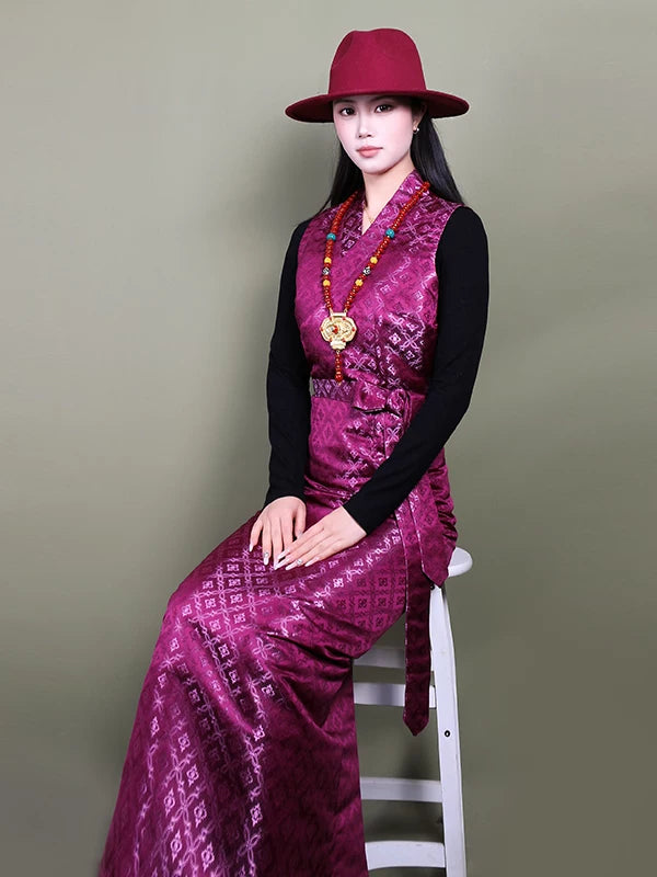  Tibetan women dress sleeveless kangba bola skirt for dance performance front view with colorful ethnic patterns