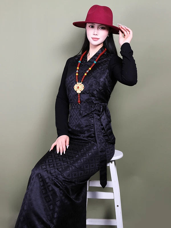  Tibetan women sleeveless kangba bola skirt traditional ethnic dance performance dress for festivals and celebrations back view