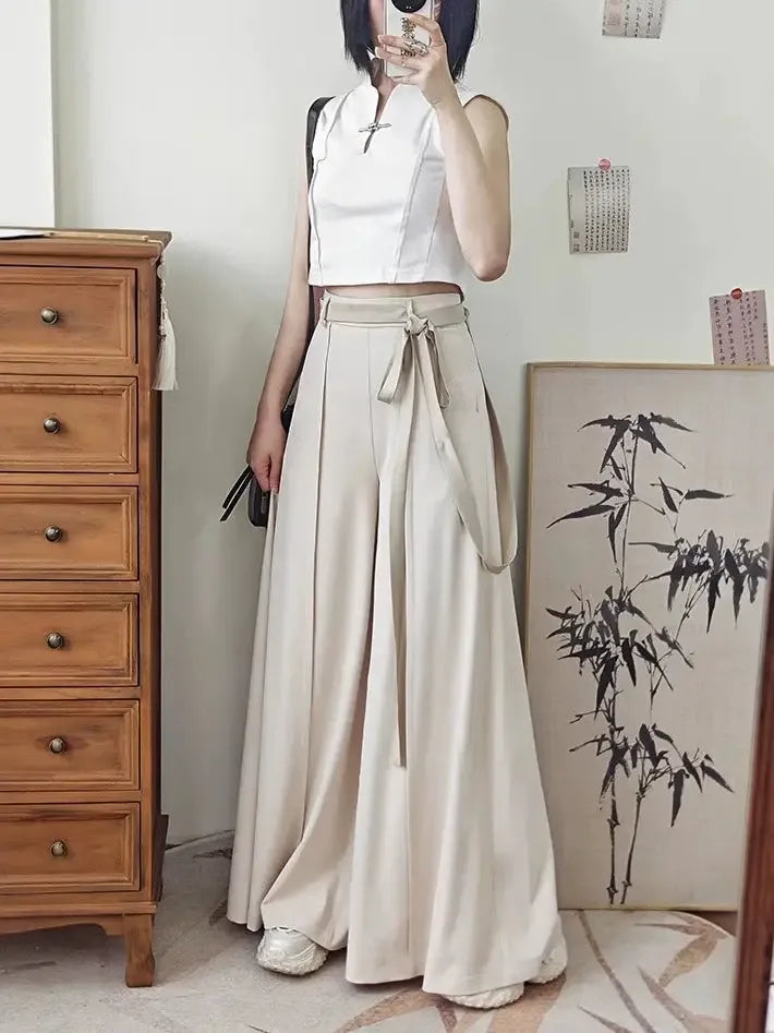 Tied Harmony – Unisex Wide-Leg Pants | New Chinese Style High-Waist Pleated Trousers with Belted Design - Yandan_Hanfu