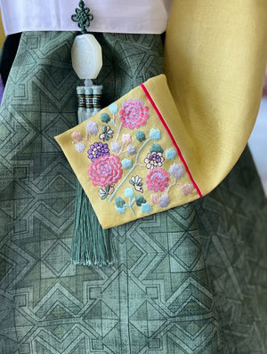 Timeless korean traditional dress bold yellow green hanbok with hand embroidered florals