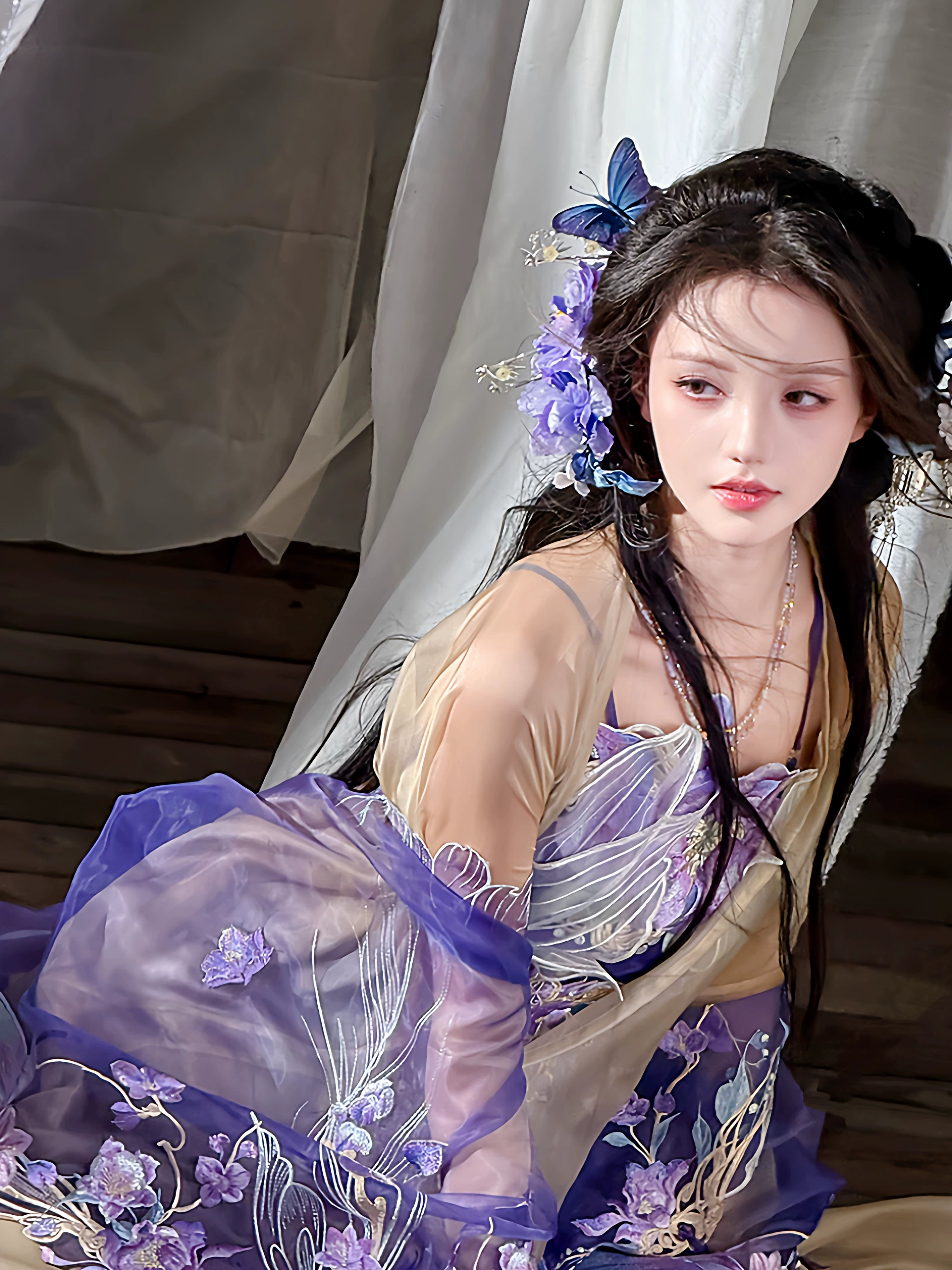 Traditional chinese purple butterfly hanfu sheer gradient robe and maxi skirt embroidered dress for women butterfly embroidery detail