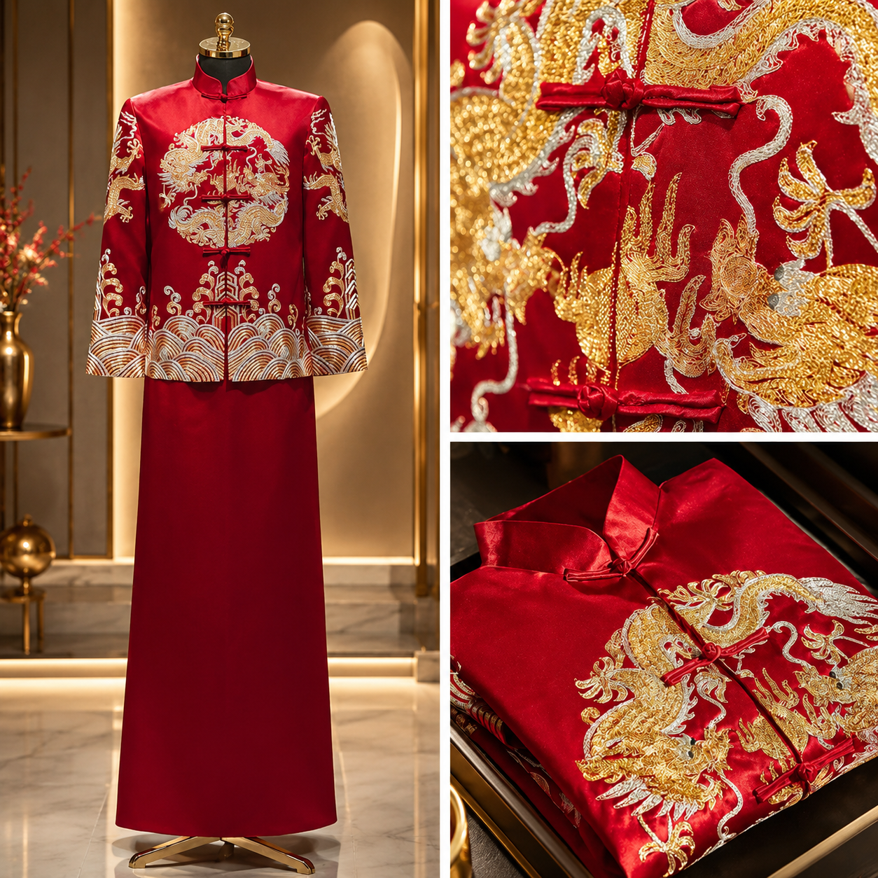 Traditional chinese wedding men xiuhe suit red gold dragon phoenix embroidered long sleeve mandarin collar groom outfit for men embroidery detail