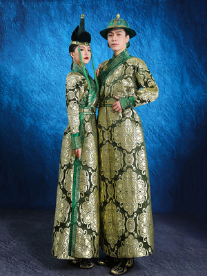 Traditional green mongolian wedding robe complete parent child and couple matching dress set for family ceremony standing front

