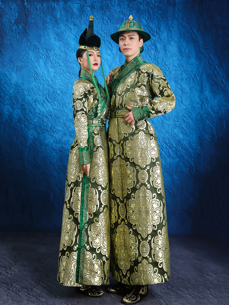 Traditional green mongolian wedding robe complete parent child and couple matching dress set for family ceremony standing front

