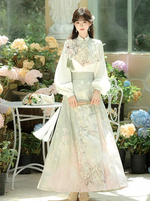 Traditional han element improved hanfu suit new chinese stand collar top paired with elegant horse skirt for women fabric detail

