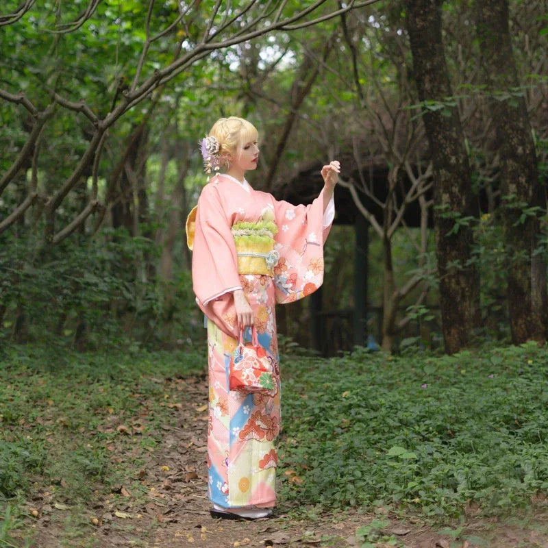 Traditional japanese visiting kimono set women formal kimono for travel and wedding dress for women fabric and obi detail