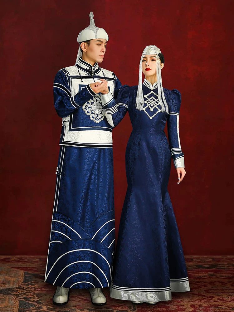 Traditional navy blue mongolian couple matching robe bride toast dress with fishtail skirt for formal wedding toast side view