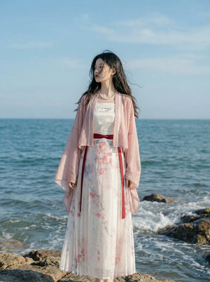 Traditional ping anshun li xiaolu shuiming hanfu set improved yarn horse skirt with artistic bird watercolor print for summer standing front