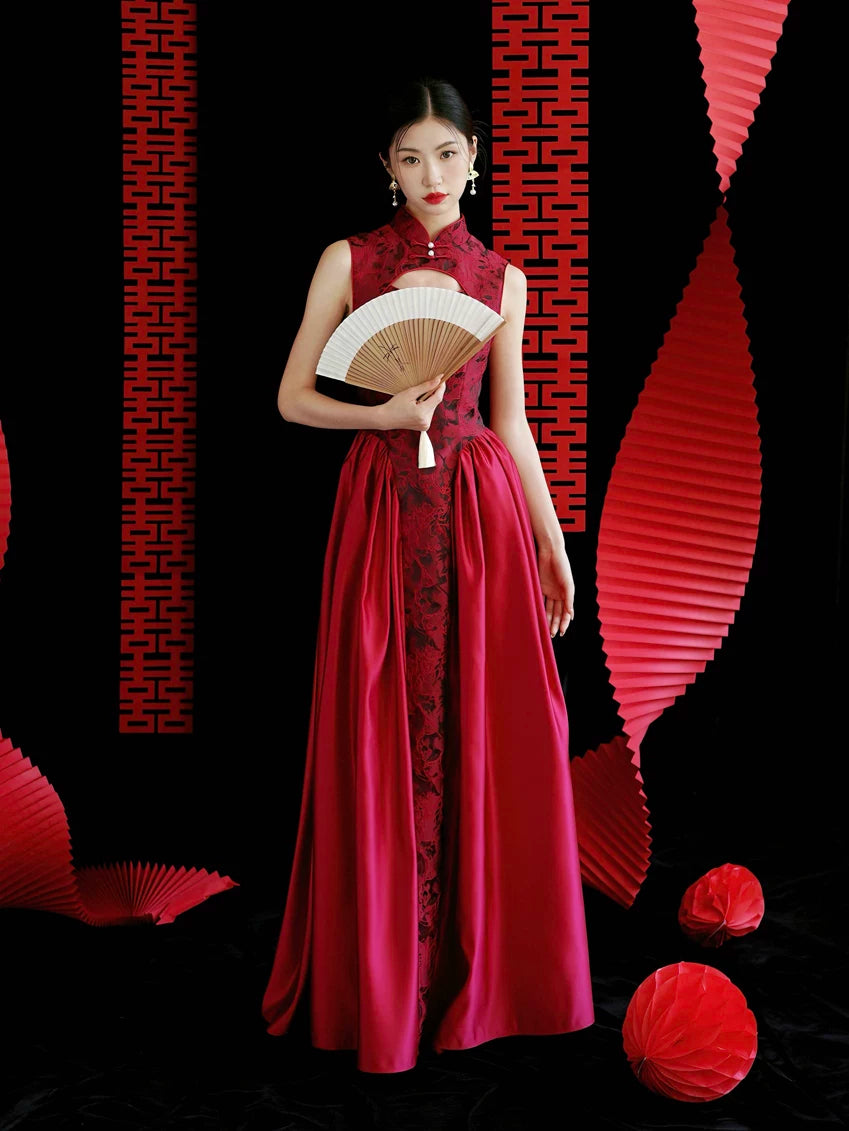 Traditional qiying red cheongsam with embroidery chinese wedding qipao for special day standing front

