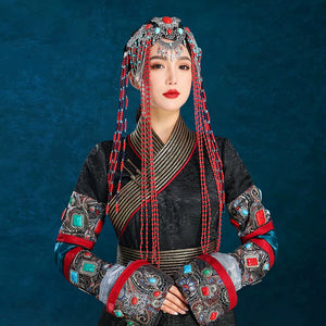Traditional red mongolian fringed headgear set high end performance hair accessories for festival and ceremony full length view

