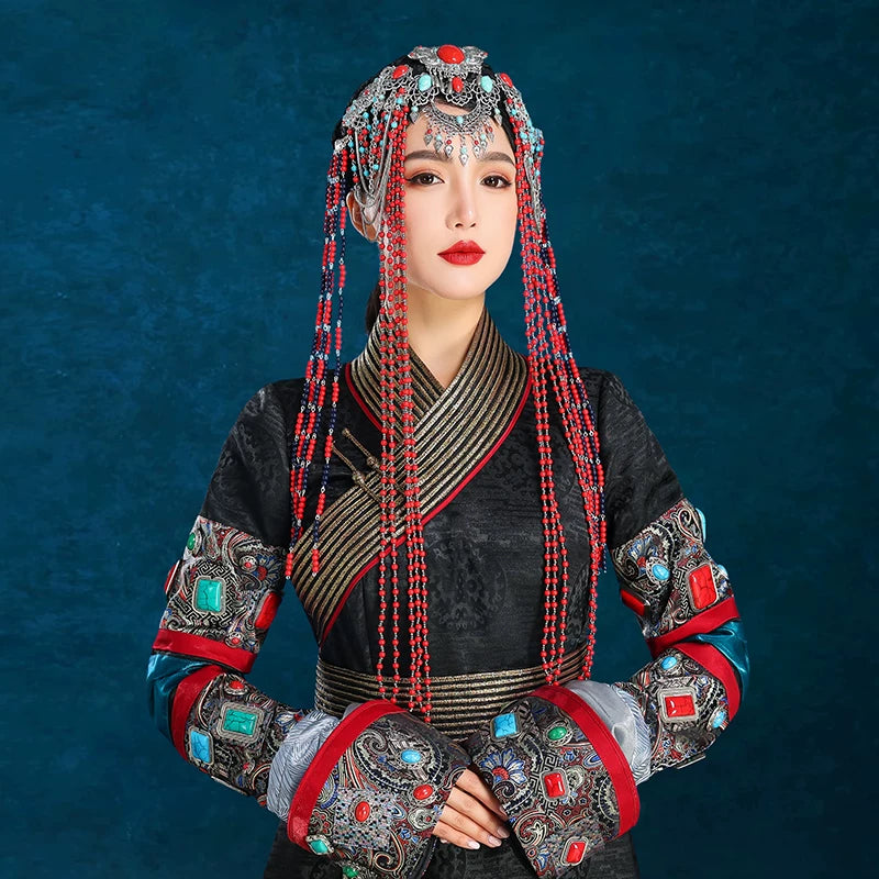 Traditional red mongolian fringed headgear set high end performance hair accessories for festival and ceremony full length view

