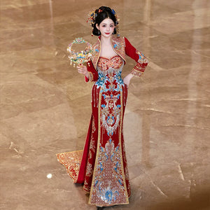 Trailing bridal show cheongsam new chinese luxury wedding dress bridal gown for bride front view