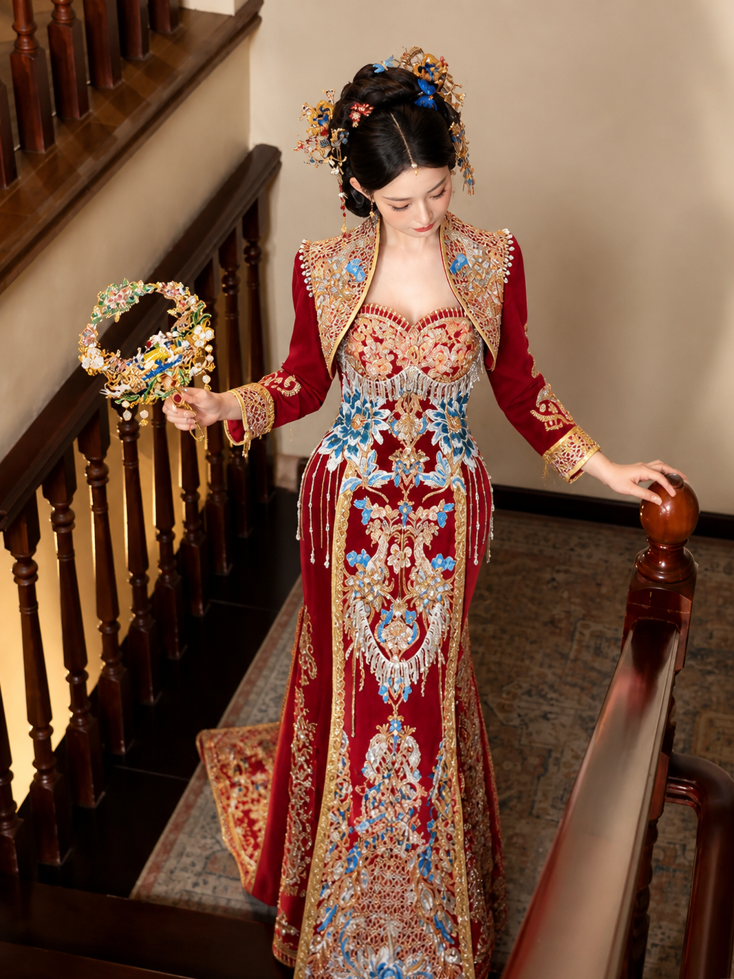 Trailing new chinese cheongsam luxury bridal wedding dress gown for bridal show and ceremony fabric detail