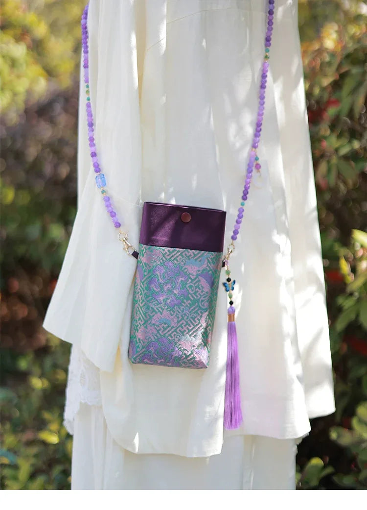 Unique floral motif crossbody bag color block canvas with beaded strap for women full length view