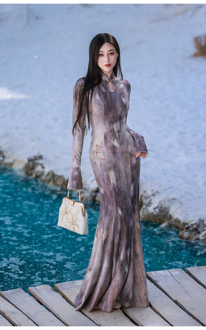 Unique mermaid cheongsam fish tail dress lotus motif knitted long gown for women daily full length view

