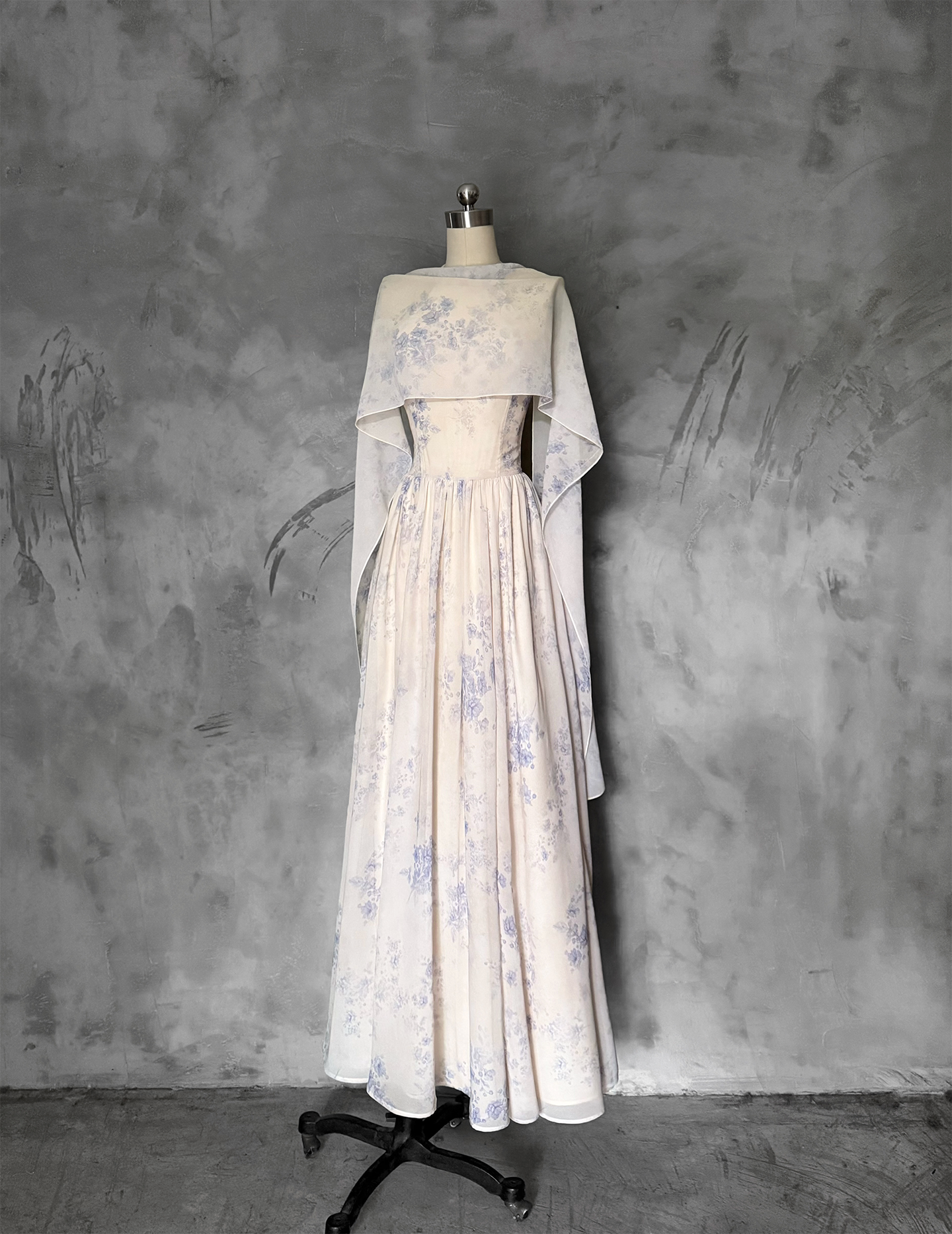  Versatile yarn fog blue white new chinese dress two wear detachable floating yarn shawl long gown full length view
