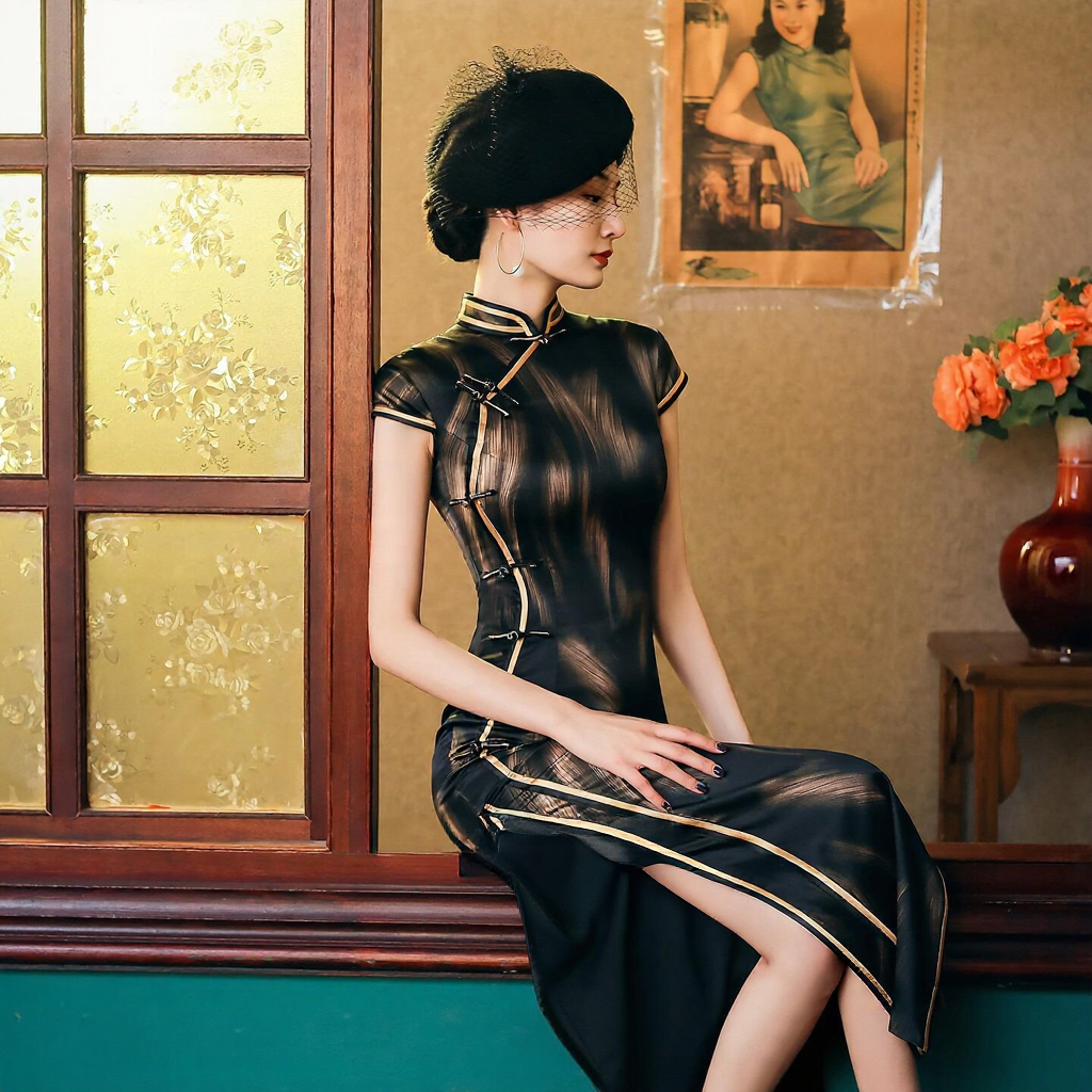 Vintage glamour cheongsam black sheer lace short sleeve midi qipao dress with gold trim and mandarin collar for women fabric and lace detail