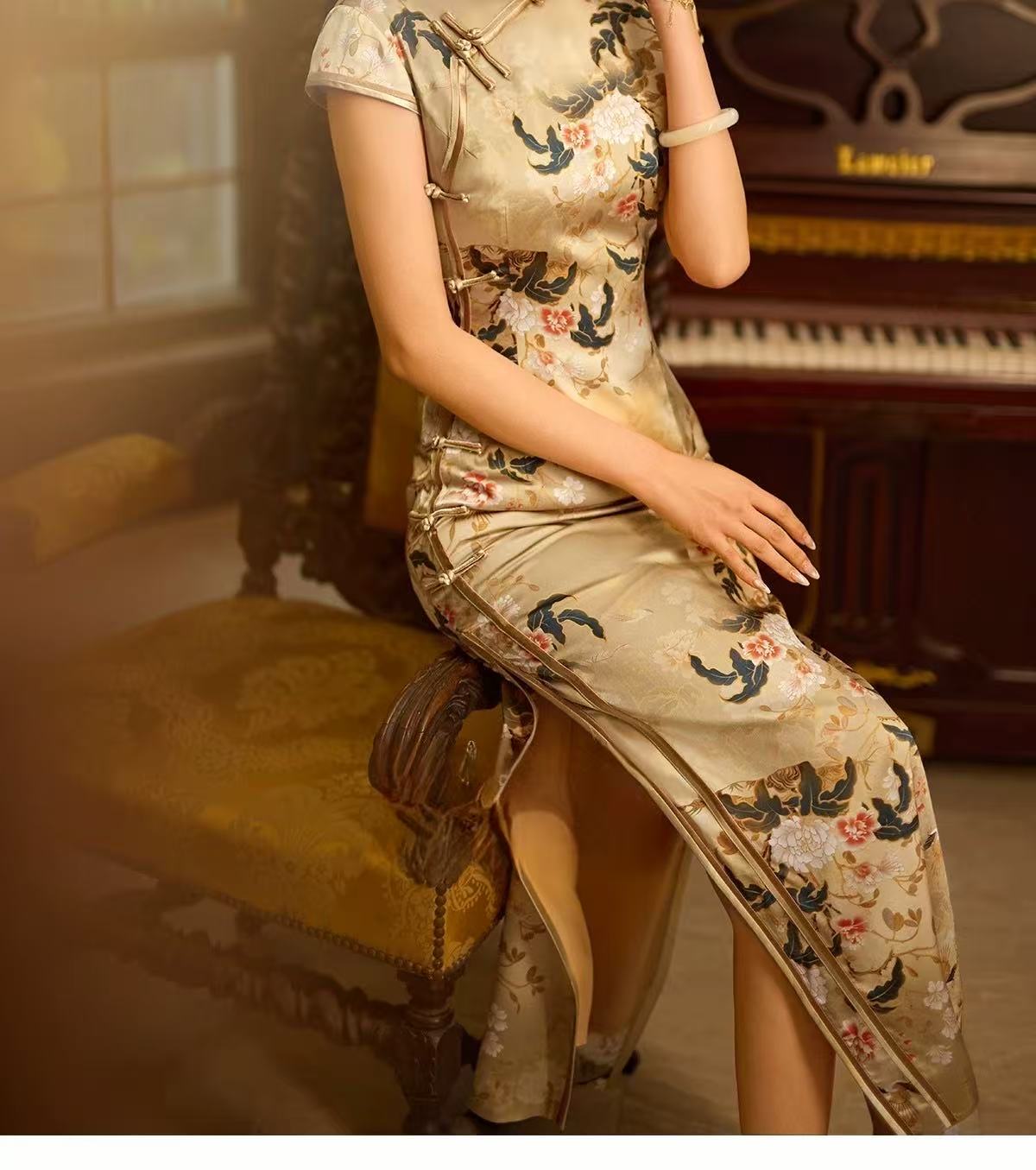 Vintage luxe cheongsam champagne white satin short sleeve slim maxi qipao dress with ink bird and floral print for women fabric and print detail