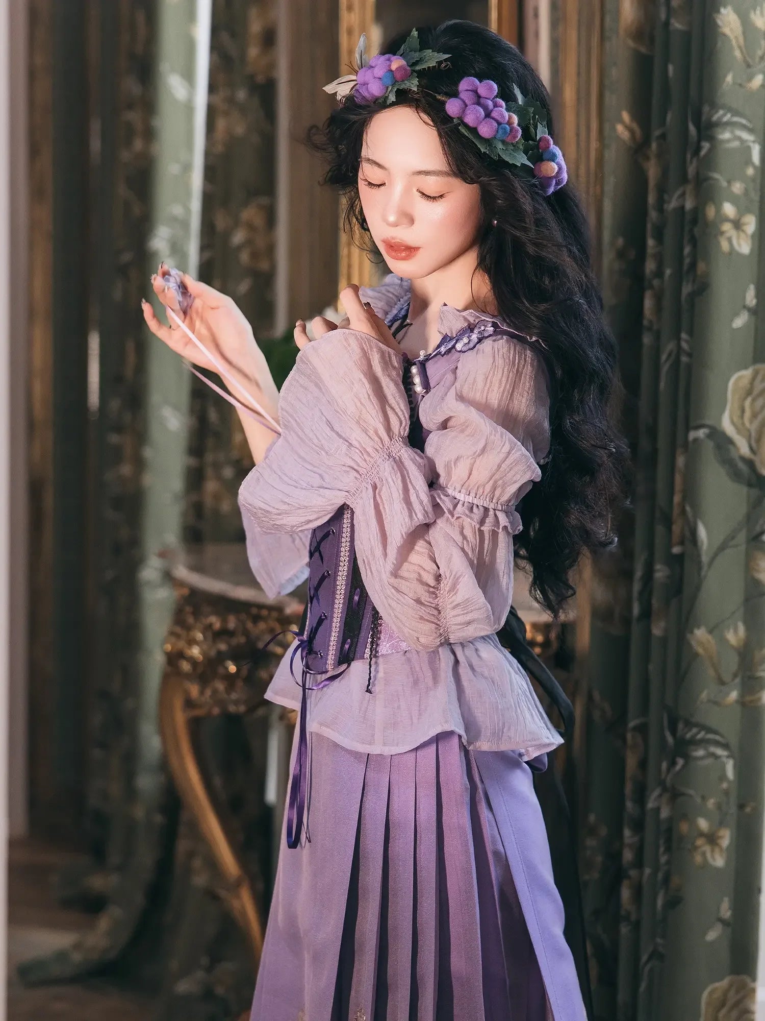 Violet nocturne gold woven mamian skirt set brocade hanfu ensemble with corset for women back view