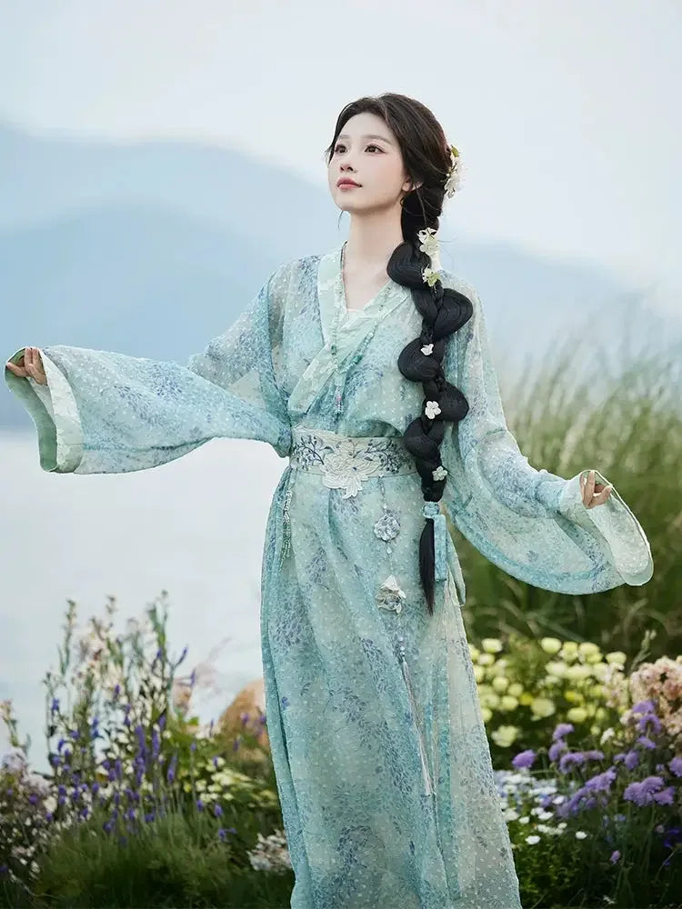 Whisper of Spring – Embroidered Blue Hanfu Dress with Waist Sash