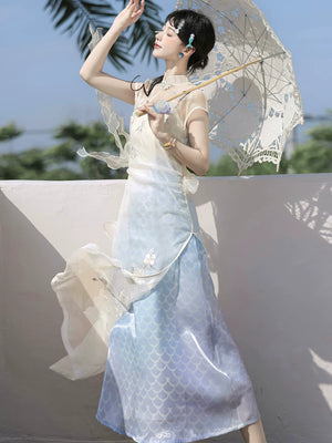 White blue gradient lolita qipao sleeveless midi dress with 3d floral petal detail and mandarin collar fairy style for women back view