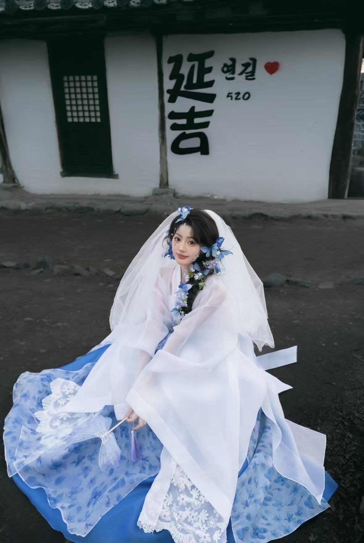 White and blue korean hanbok traditional one size dress

