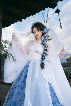 White blue traditional hanbok korean dress one size