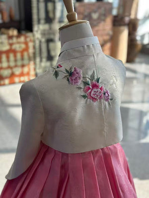 White embroidered jeogori hanbok korean pink skirt set made in kore