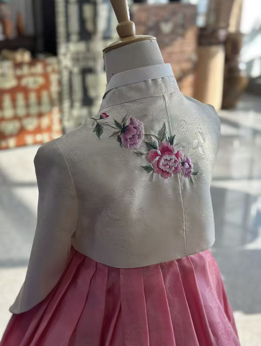 White embroidered jeogori hanbok korean pink skirt set made in kore